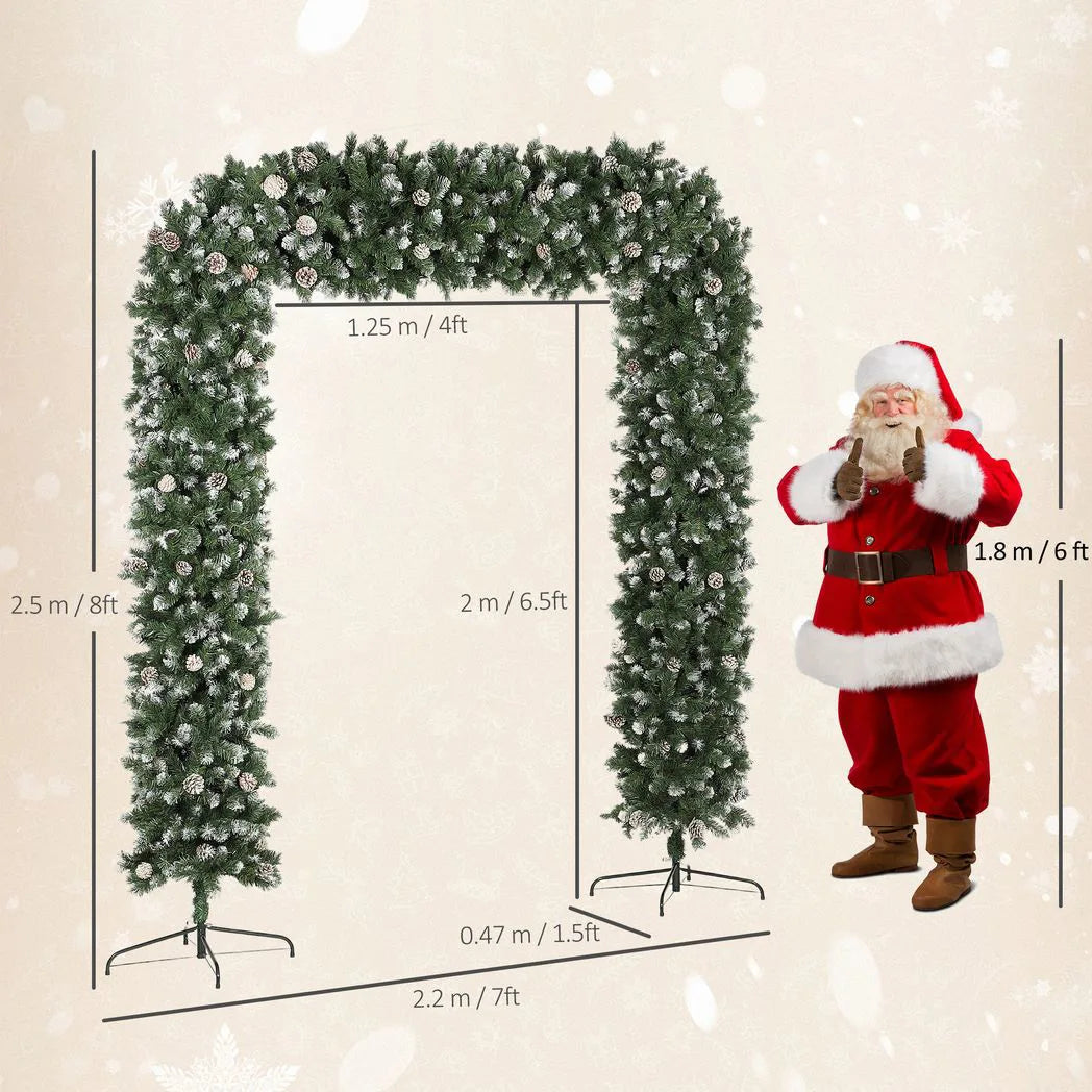 HOMCOM 8.2 ft Snow Frosted Christmas Tree Arch, Christmas Arch Doorway Decor with 2100 Tips and 96 Pinecones, Artificial Xmas Tree with Metal Stand for Indoor, Green