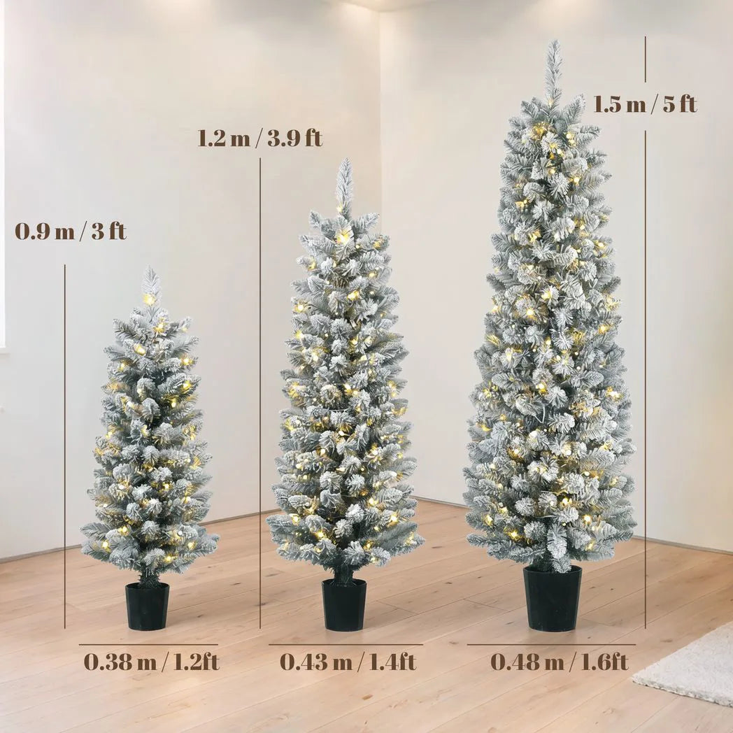 HOMCOM Prelit Snowy Flocked Artificial Christmas Tree Set of 3, Slim Xmas Tree with PVC Tips, 3FT??