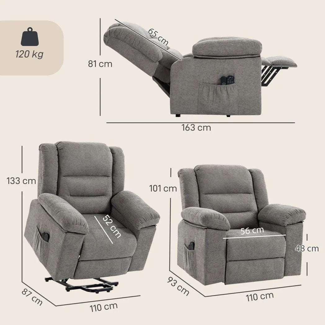 HOMCOM Oversized Riser Recliner Chair with Massage and Heat, Power Lift Recliner for Elderly with Wide Seat and Back, Grey