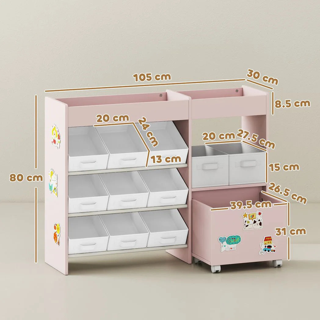 AIYAPLAY Kids Toy Storage Unit with 11 Bins, Cabinet, Top Shelves, 3 Stickers, for Nursery, Playroom, Pink