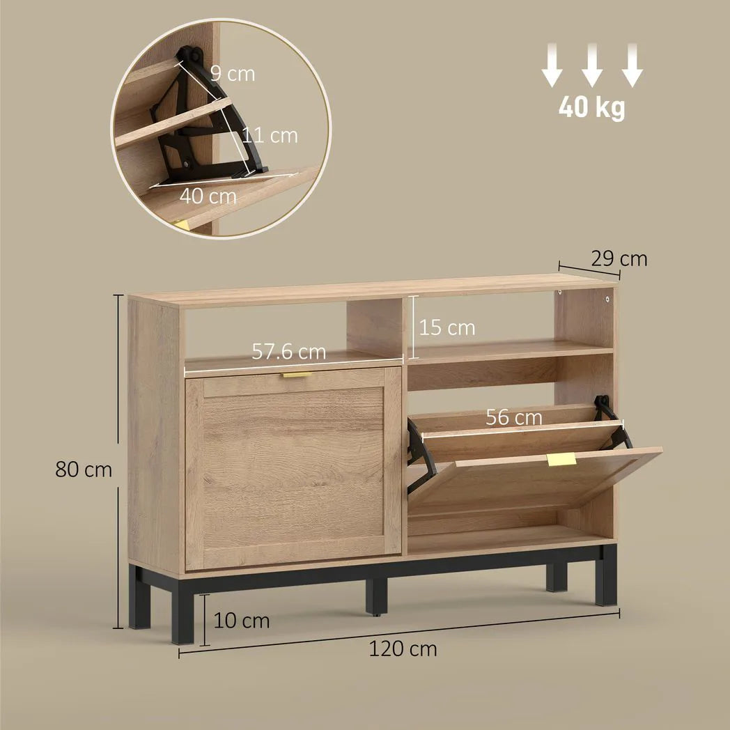 HOMCOM Shoe Cabinet with 2 Flip Drawers, Narrow Shoe Storage Top for Entryway Hallway, Walnut Brown