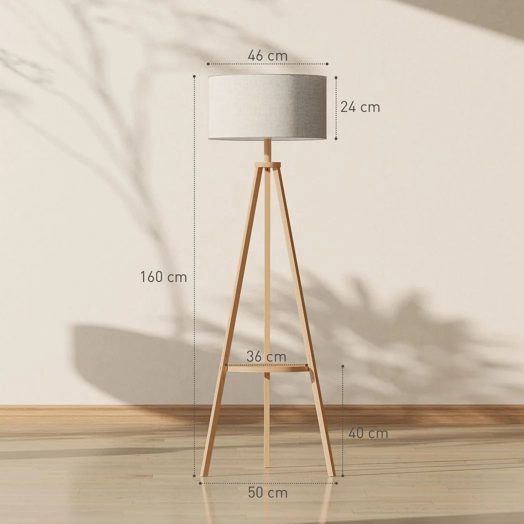 HOMCOM Bedside Light, Tripod Floor Lamp with Storage Shelf and Linen Shade for Living Room, 160cm, Natural Wood Colour