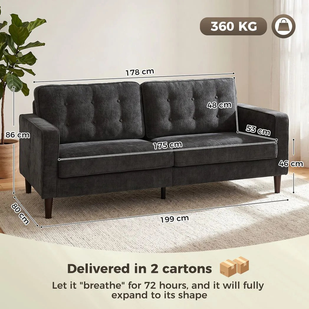 HOMCOM 3 Seater Sofa Button Tufted Upholstered Couch with Wood Legs for Living Room, Dark Grey