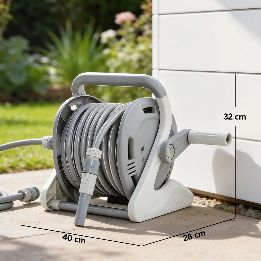 Outsunny Portable Garden Hose Reel, 20 m Wall Mounted Hose Reel with 2 Patterns Spray Nozzle and Crank Handle, Grey