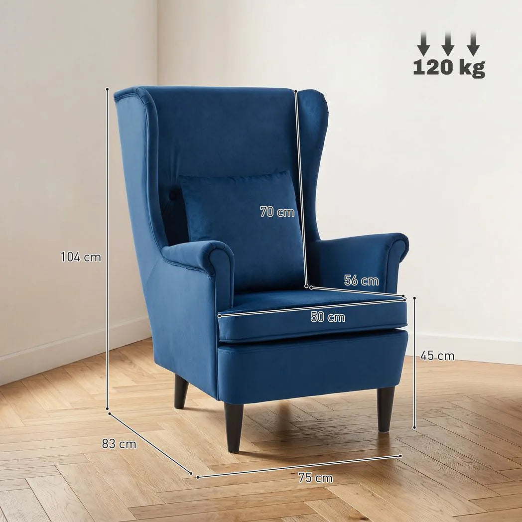 HOMCOM Modern Accent Chair with High Backrest and Pillow, Velvet-Feel Fabric Reading Chair with Solid Wood Legs, Blue