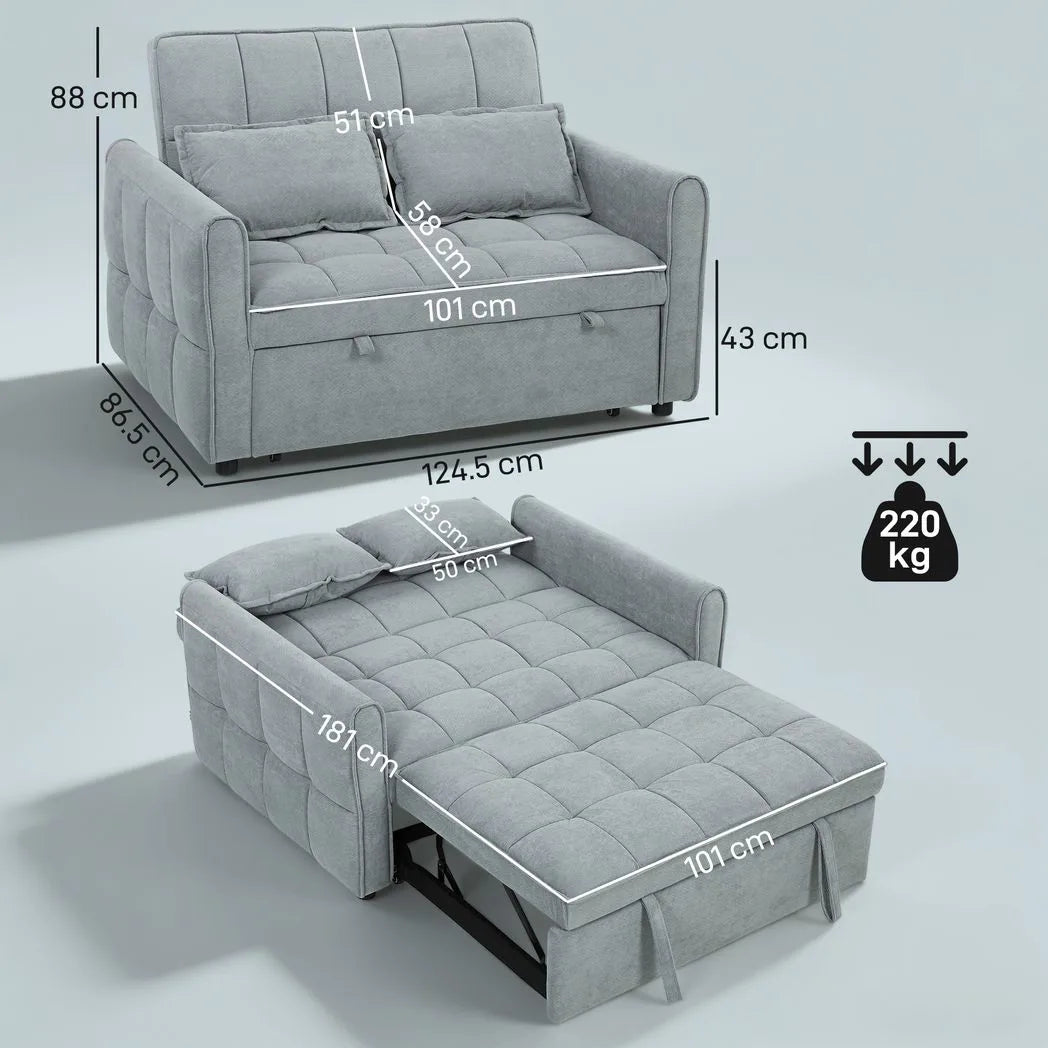 HOMCOM 2 Seater Sofa Bed, 3-in-1 Convertible Sleeper Sofa with Click-clack Adjustable Backrest and 2 Pillows, Grey