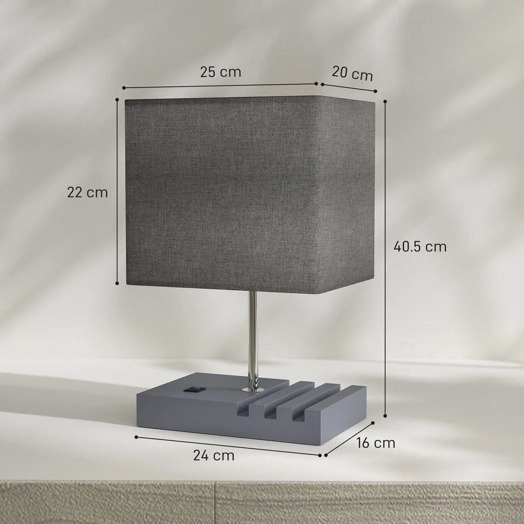 HOMCOM Bedside Lamp with USB A Charging Ports and 3 Phone Stands, Modern Table Lamp with Solid Wood Base and Fabric Shade for Bedroom Living Room Office, E27 Socket, Bulb Not Included, Grey