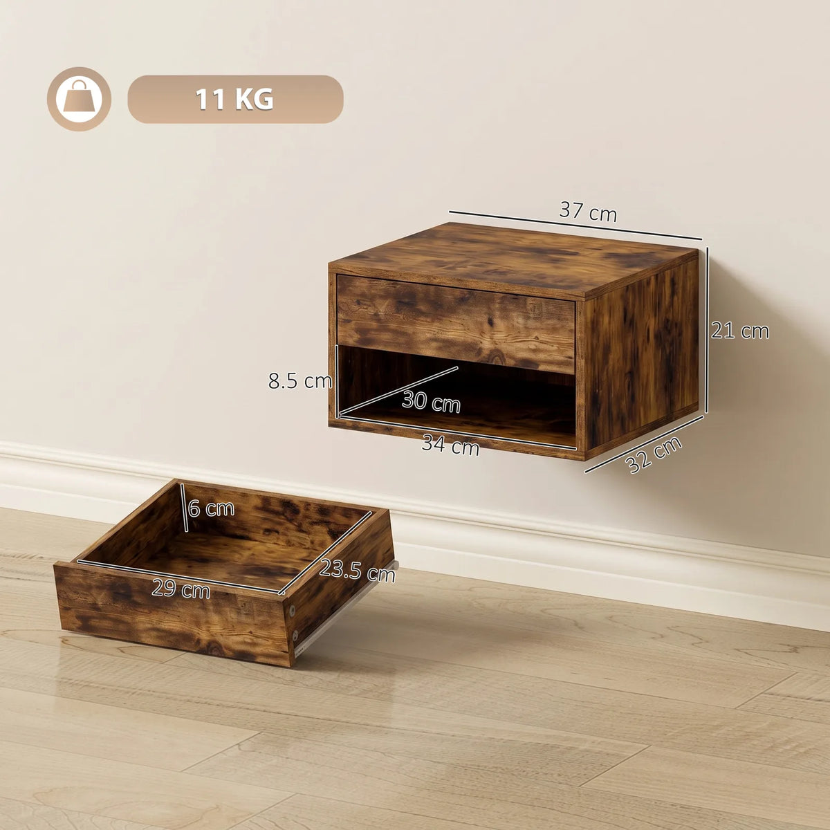 HOMCOM Set of Two Floating Bedside Tables - Rustic Brown