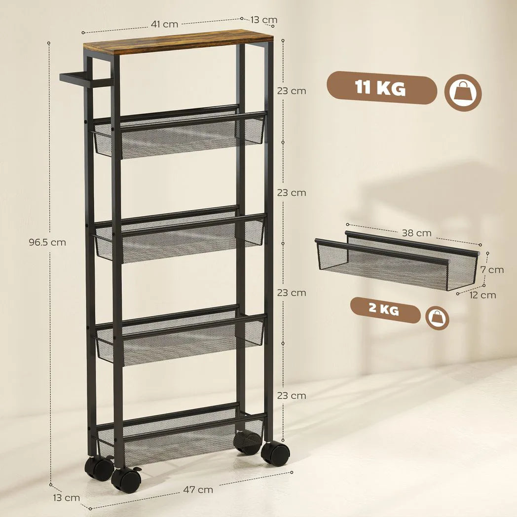 HOMCOM Slim Storage Trolley, 5-Tier Kitchen Cart on Wheels with Wood-effect Top, Handle for Living Room, Bathroom, Black
