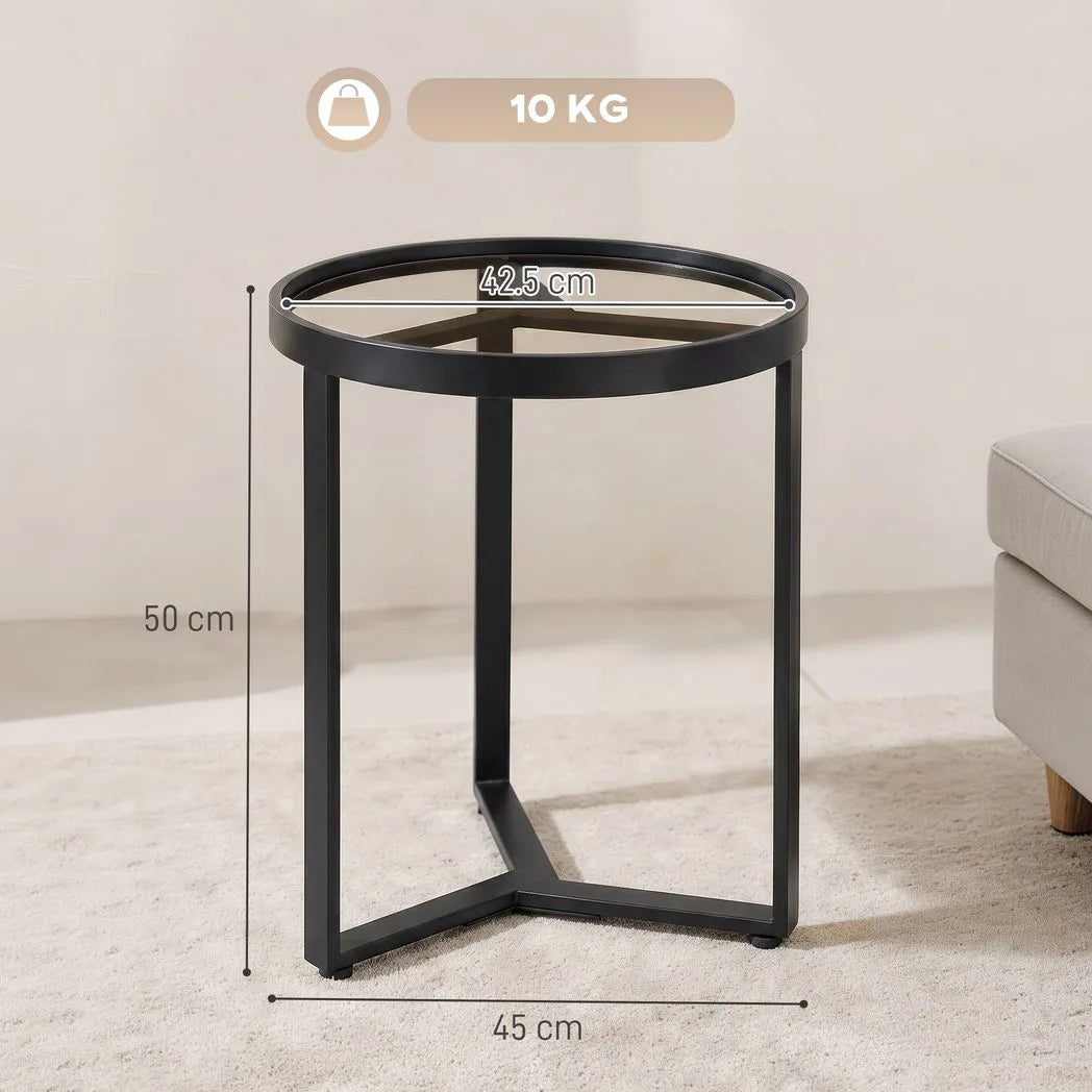 HOMCOM Round Side Table with Tempered Glass Top and Geometric Metal Frame for Small Space, Black