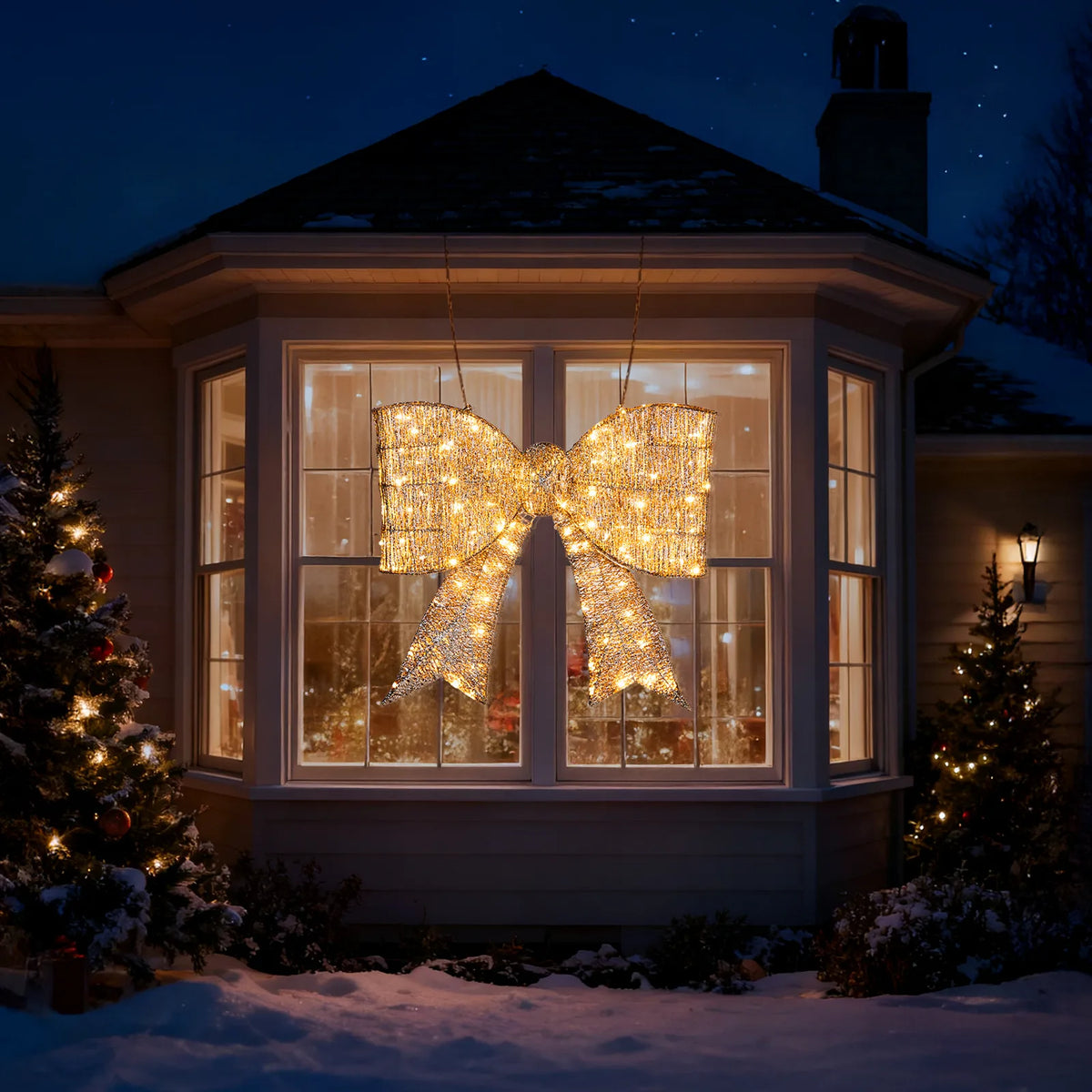 Pre-lit Outdoor Giant Bowknot Christmas Decoration, Lighted Metal Frame with 124 Warm White LED Lights, for Front Door Gate Wall Indoor Outdoor Holiday Party, Golden