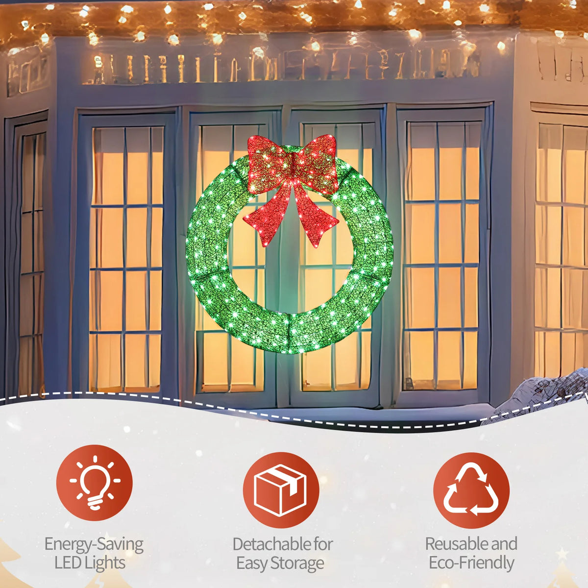 36in Pre-lit Outdoor Christmas Wreath Decoration, Lighted Metal Wreath with Red Bow, Remote Control LED Lights with Timer, for Front Door Gate Wall Indoor Outdoor Holiday Party