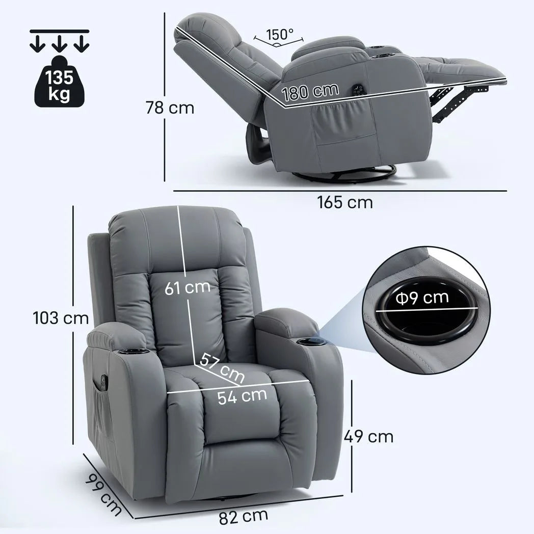 HOMCOM Massage Recliner Armchair, PU Leather Recliner Chair, Grey