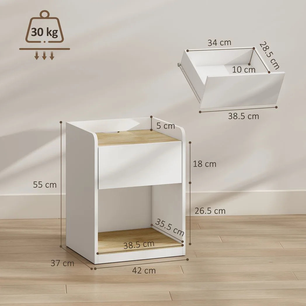 HOMCOM Modern Bedside Table, Slim Nightstand with Drawer, Shelf and Cable Holes, White and Oak
