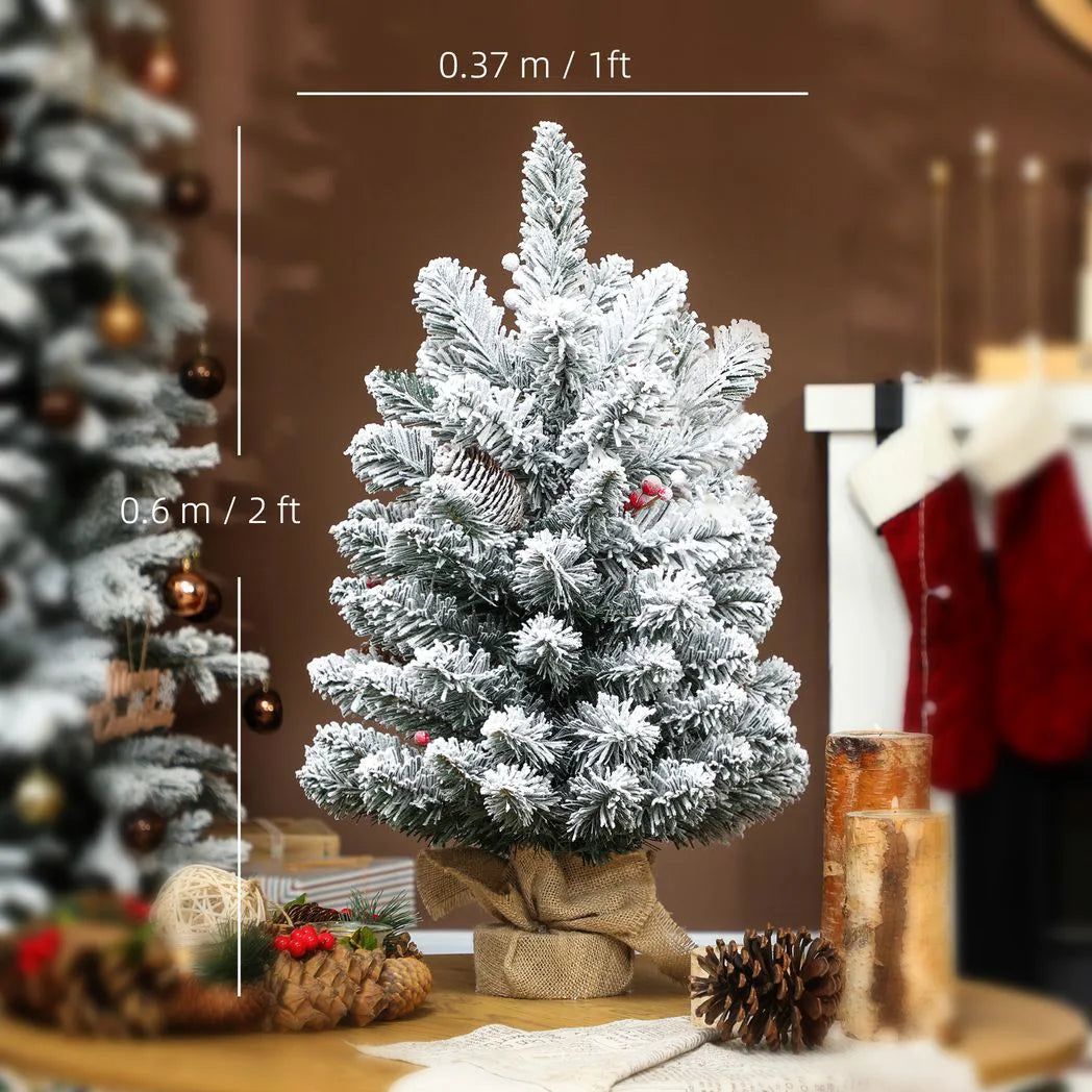 HOMCOM 60 cm Prelit Small Christmas Tree with 35 LED Lights, Snow Flocked Tabletop Mini Xmas Tree with 72 Dense Branches, Pine Cones, Berry Clusters and Linen Cover Base, Battery Operated, Green