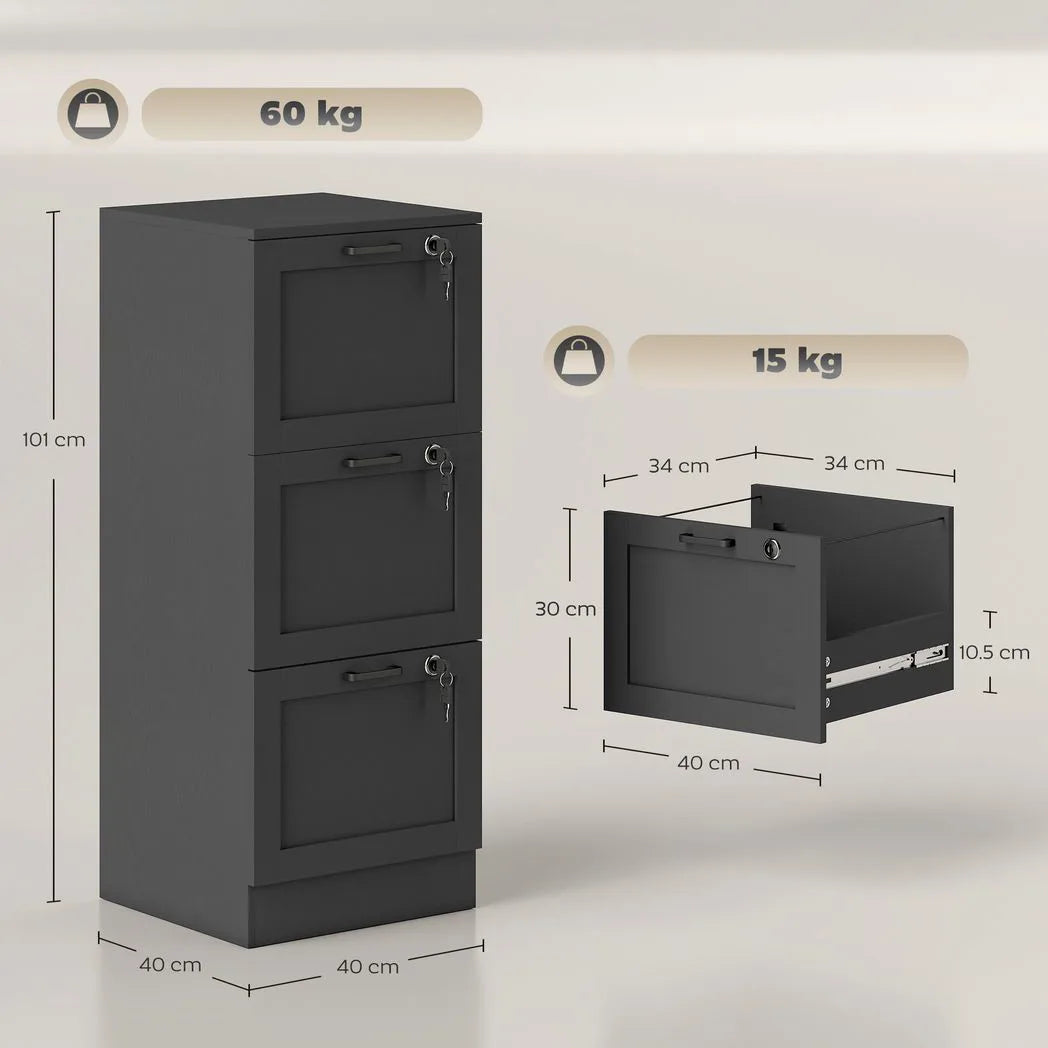HOMCOM 3-Drawer Filing Cabinet with Lock - Black