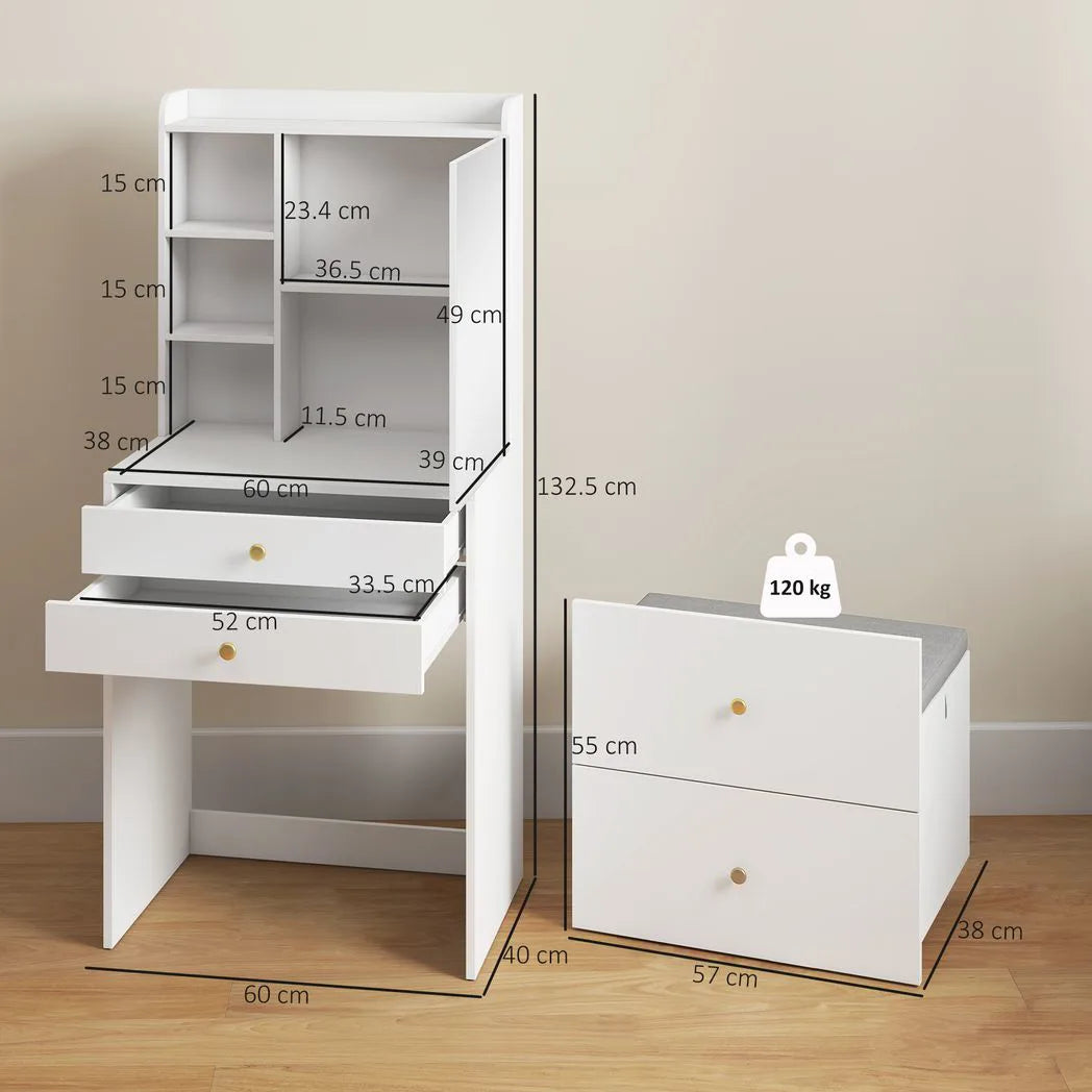 HOMCOM Dressing Table with Mirror and Mobile Storage Stool, Compact Vanity Table with Cabinet, Drawers, Open Shelves, White