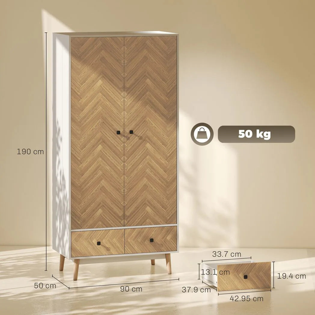 HOMCOM Cabinet Wood-Effect Sticker Surface, Modern Wardrobe with 2 Hanging Rods, 2 Storage Shelves and 2 Drawers, White