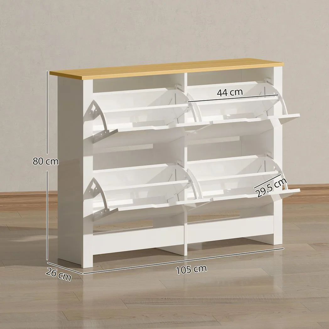 HOMCOM Slim Shoe Cabinet, Narrow Shoe Cupboard with 4 Flip Drawers, Adjustable Shelves for 16 Pairs of Shoes, White