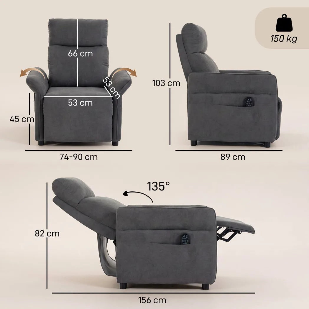 HOMCOM Recliner Armchair, Push Back Recliner Chair with Massage & Heat, Adjustable Armrests, Dual Side Pockets, Dark Grey