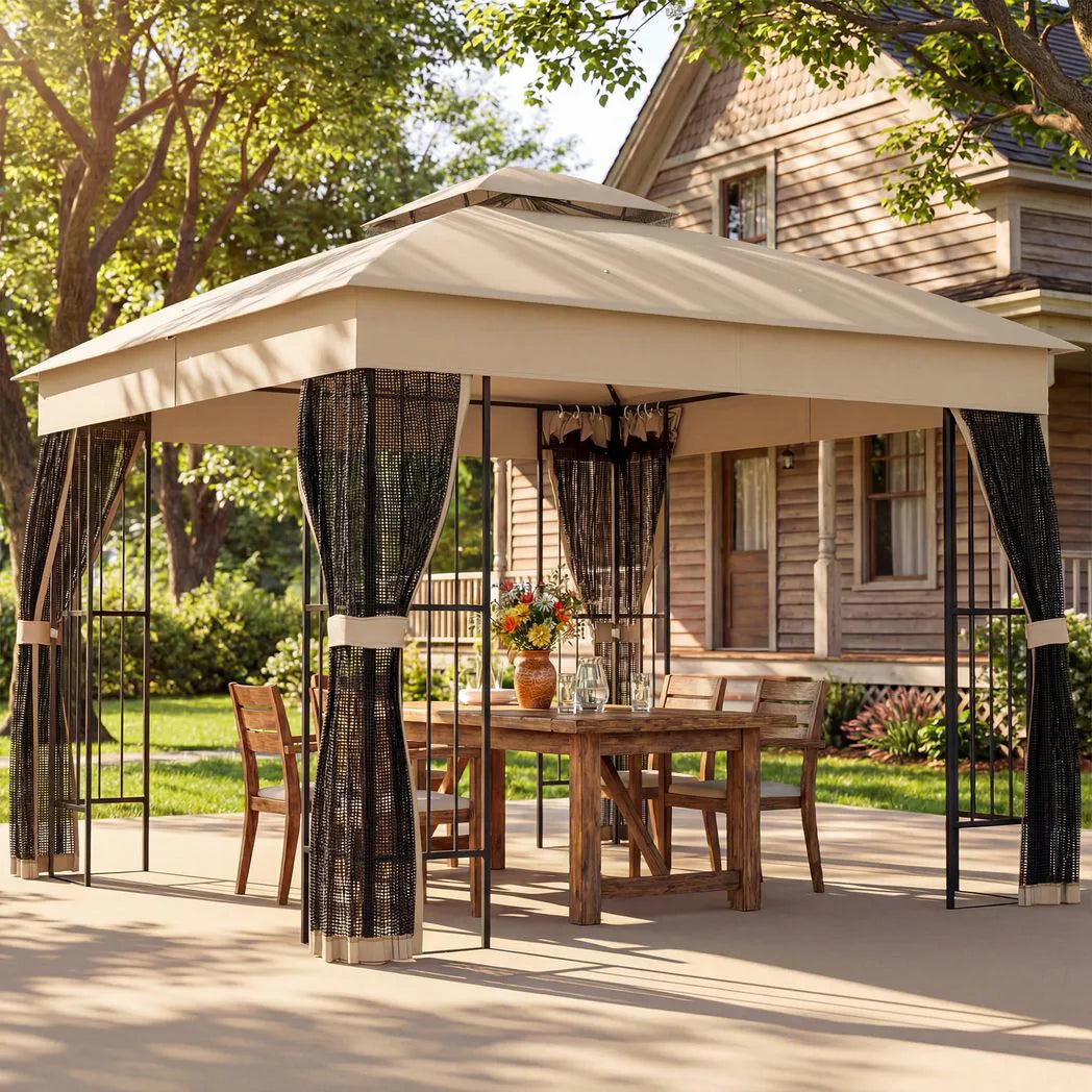 Outsunny 3 x 3 m Outdoor Garden Gazebo with Post Shelves, UPF50 Double Roof Patio Permanent Pavilion, Brown