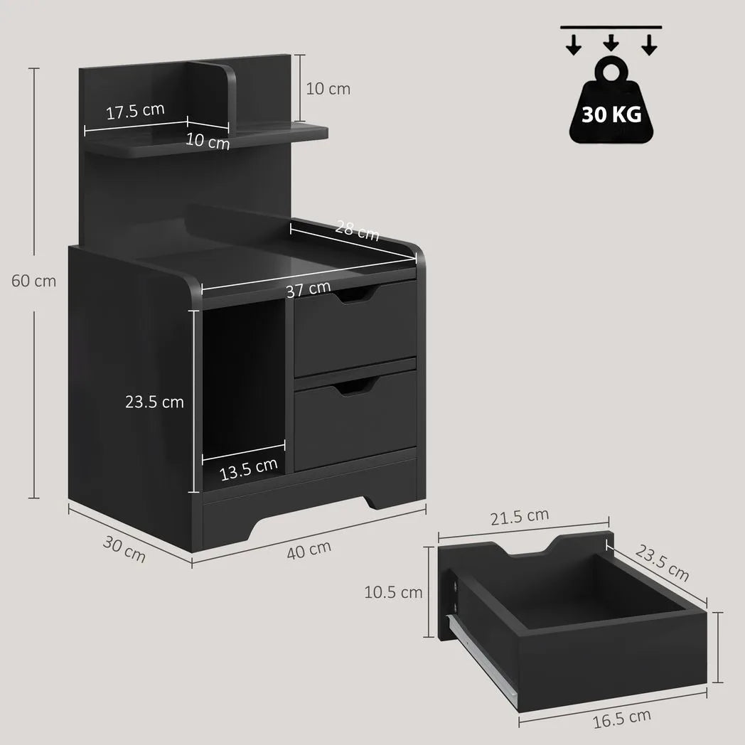HOMCOM Bedside Table, Small Bedside Cabinet with 2 Drawers and Storage Shelves for Bedroom, Black Wood Effect