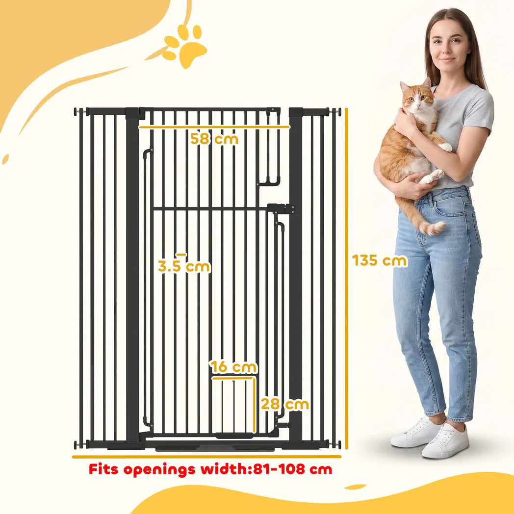 PawHut 135cm Extra Tall Dog Gate with Cat Door, Fits Openings 81-108 cm Pressure Mounted for Doorways, Hallways, No Drilling