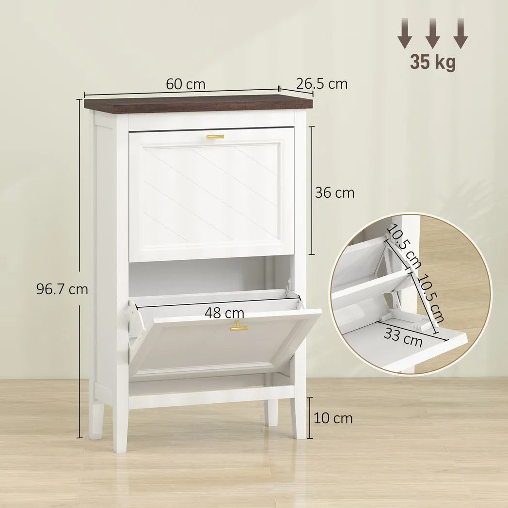 HOMCOM Shoe Cabinet with 2 Flip Drawers, Farmhouse Narrow Shoe Storage Cabinet with Adjustable Shelves, White