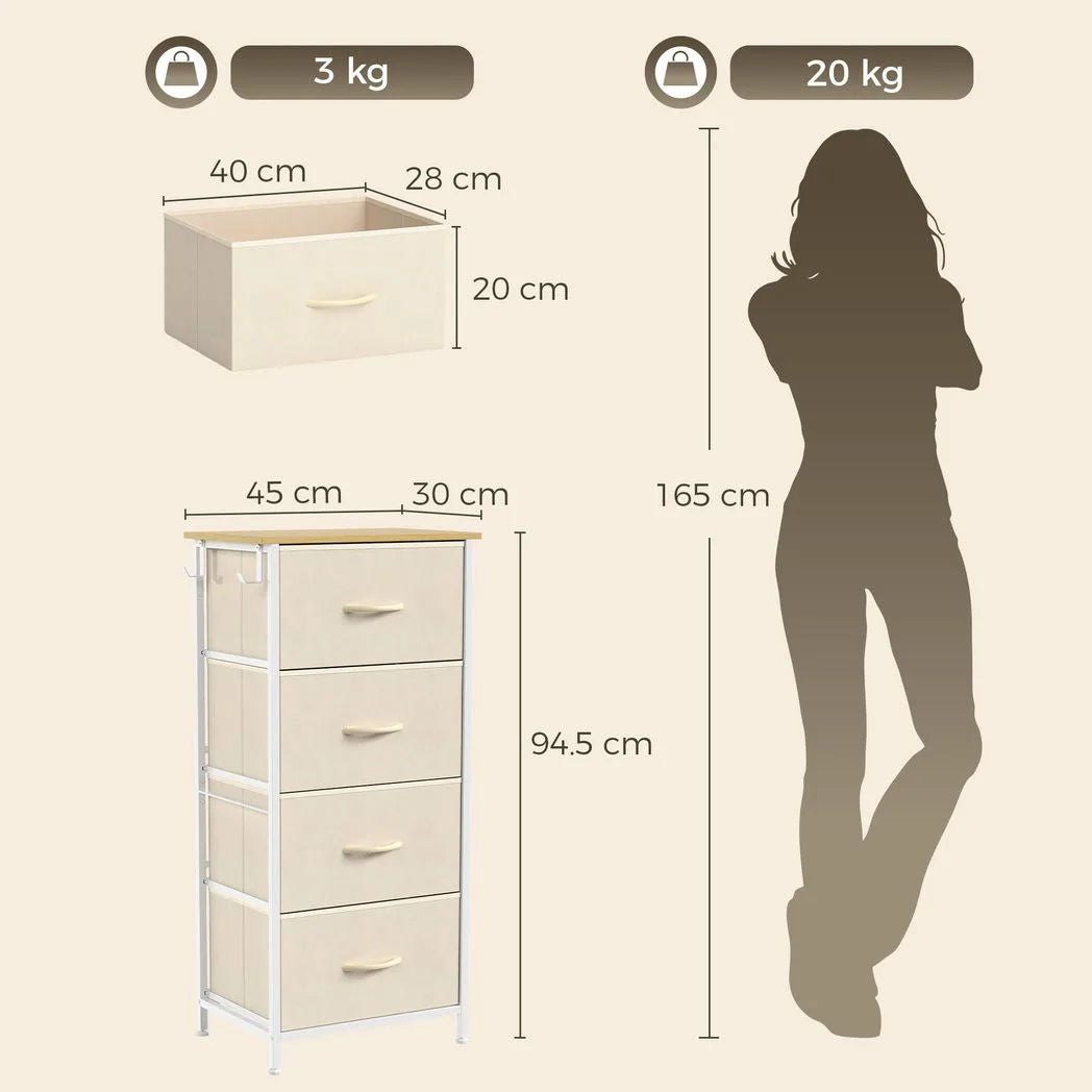 HOMCOM Chest of Drawers with 4 Fabric Drawers, Tall Storage Unit with 2 Hooks and Steel Frame for Bedroom, Beige