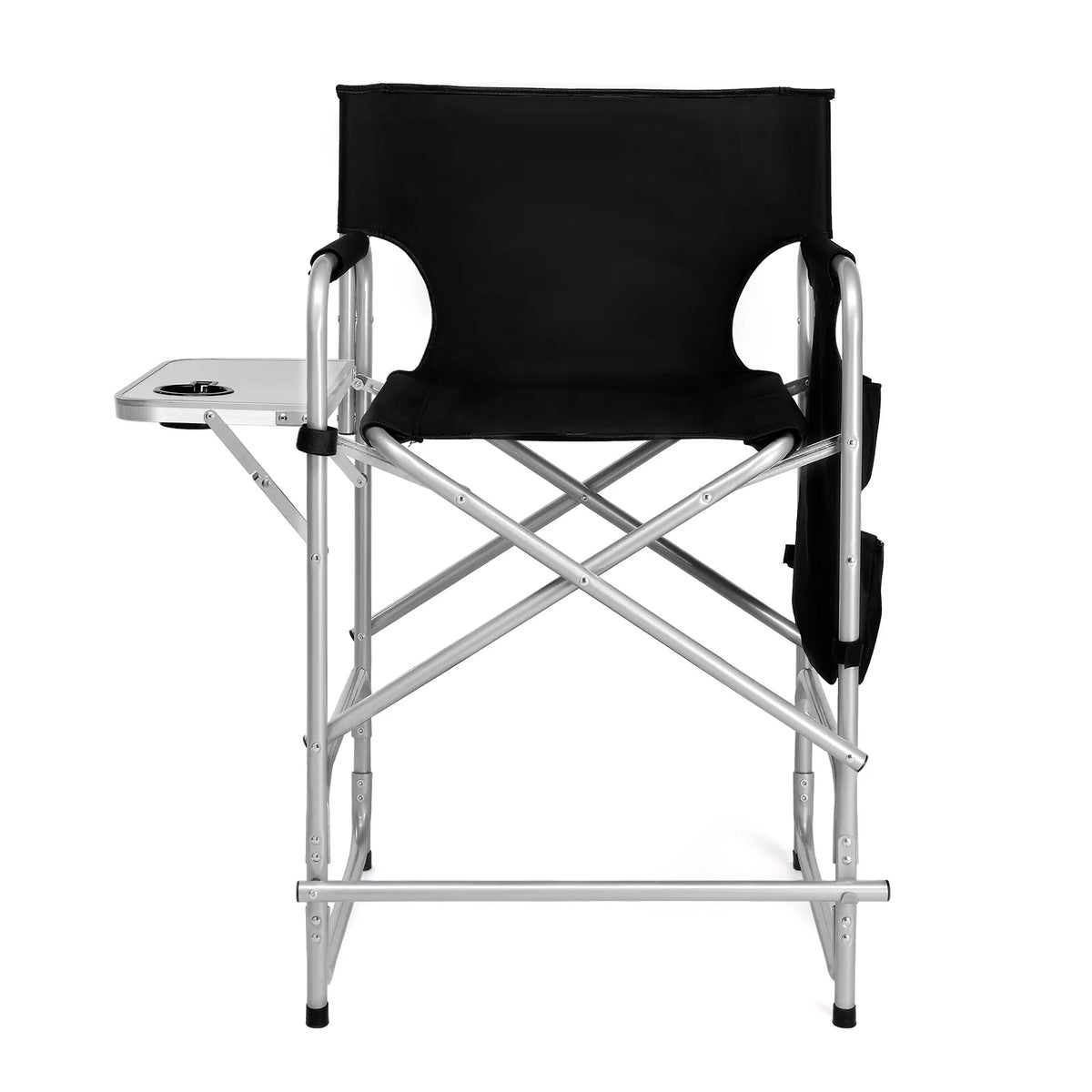 Folding Director Chair with Side Table & Storage Pockets, 41"×23.6"×26.4" Heavy Duty Spray-Coated Metal Frame Makeup Artist Chair, Portable Tall Folding Camping Chair, Supports 300 LBS, Black Oxford Fabric, No Carry Bag  >