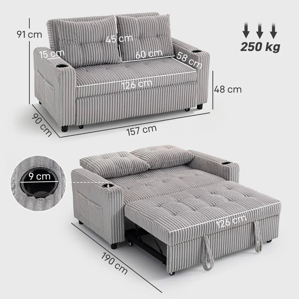 HOMCOM 2 Seater Click Clack Sofa Bed with Pull Out Design, Corduroy Upholstery - Light Grey