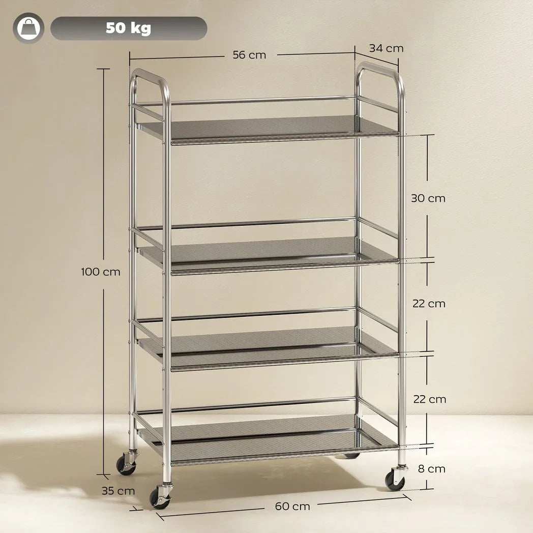 HOMCOM 4 Tier Stainless Steel Kitchen Storage Trolley with Adjustable Shelves - Silver