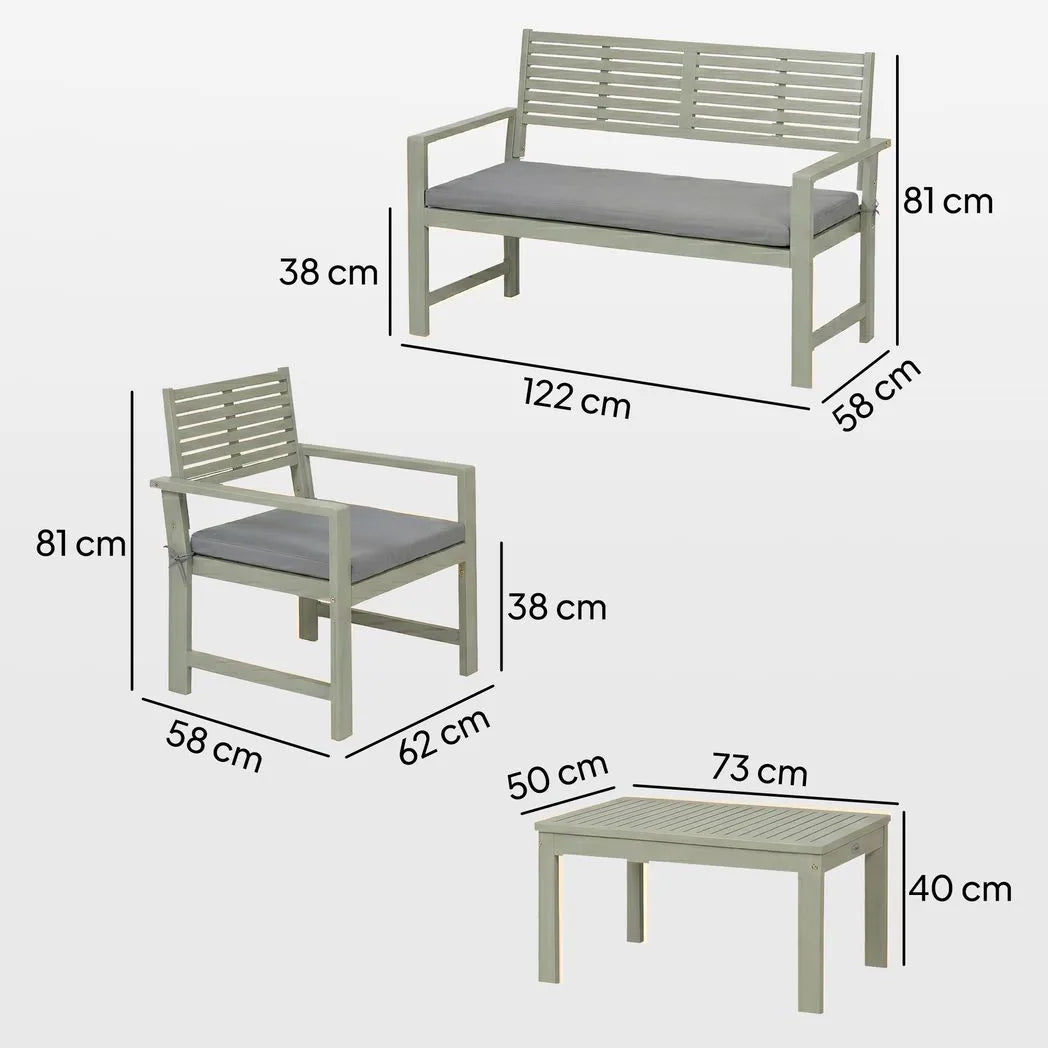Outsunny 4 Seater Wooden Garden Furniture Set with Loveseat, Armchairs, Table, Acacia Wood Garden Sofa Set, Light Grey