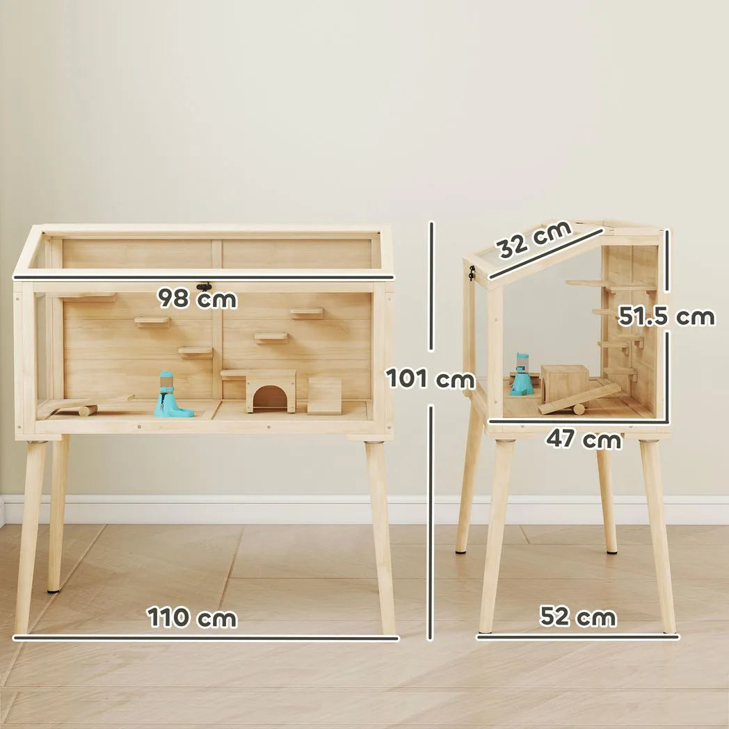 PawHut Wooden Hamster Cage, Hamster Habitat with Openable Top, Seesaws, Platforms, Water Bottle for Gerbils, 110 x 52 x 101 cm