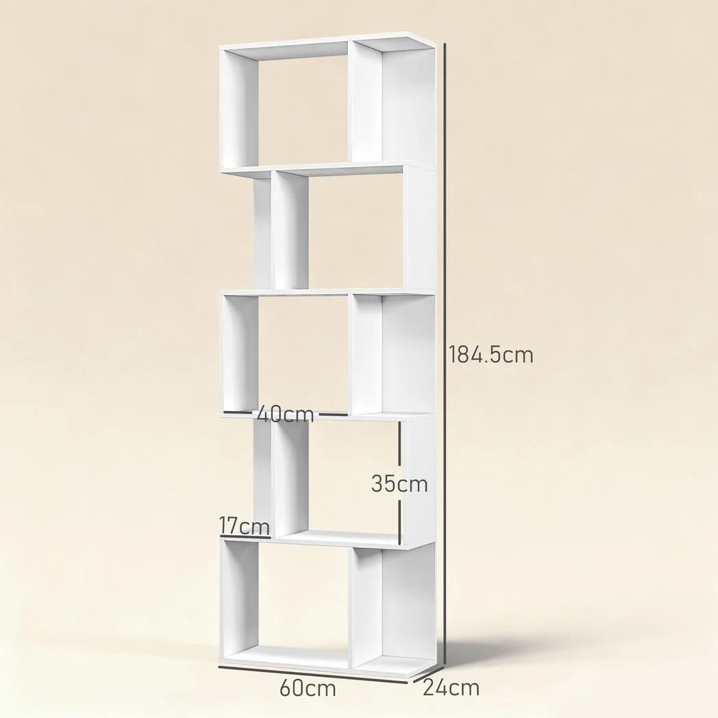 HOMCOM Bookcase, S-Shaped Wooden Bookshelf, 5 Tiers Freestanding Storage Shelf, Home Office Display Stand Rack, White
