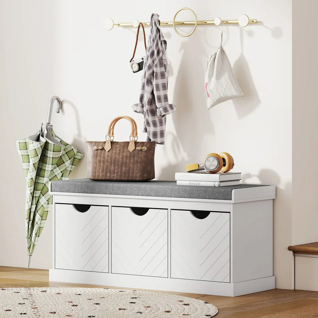 HOMCOM 3-Drawer Padded Shoe Bench with Breathable & Washable Linen-look Cover, White