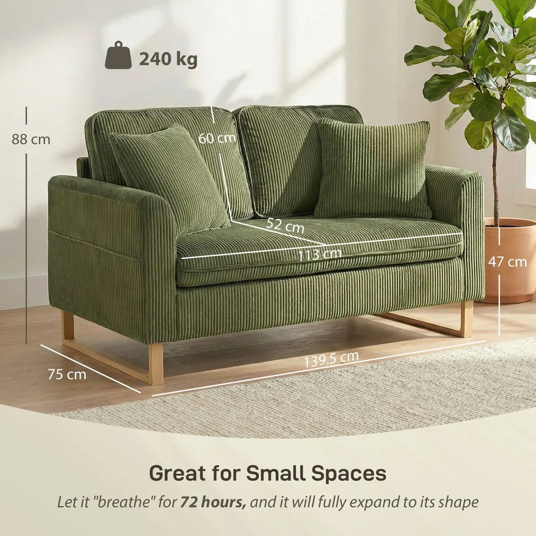 HOMCOM 2 Seater Sofa, 140 cm Loveseat Sofa with Spring Cushions, Metal Legs, 2 Pillows, Dark Green