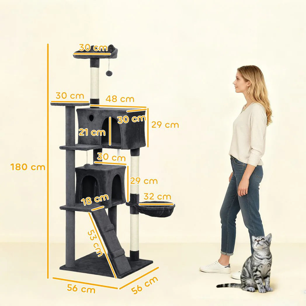 PawHut 180cm Large Cat Tree Tower with Sisal Scratching Posts, Condos, Plush Perches, Hammock, Ladder, Dark Grey