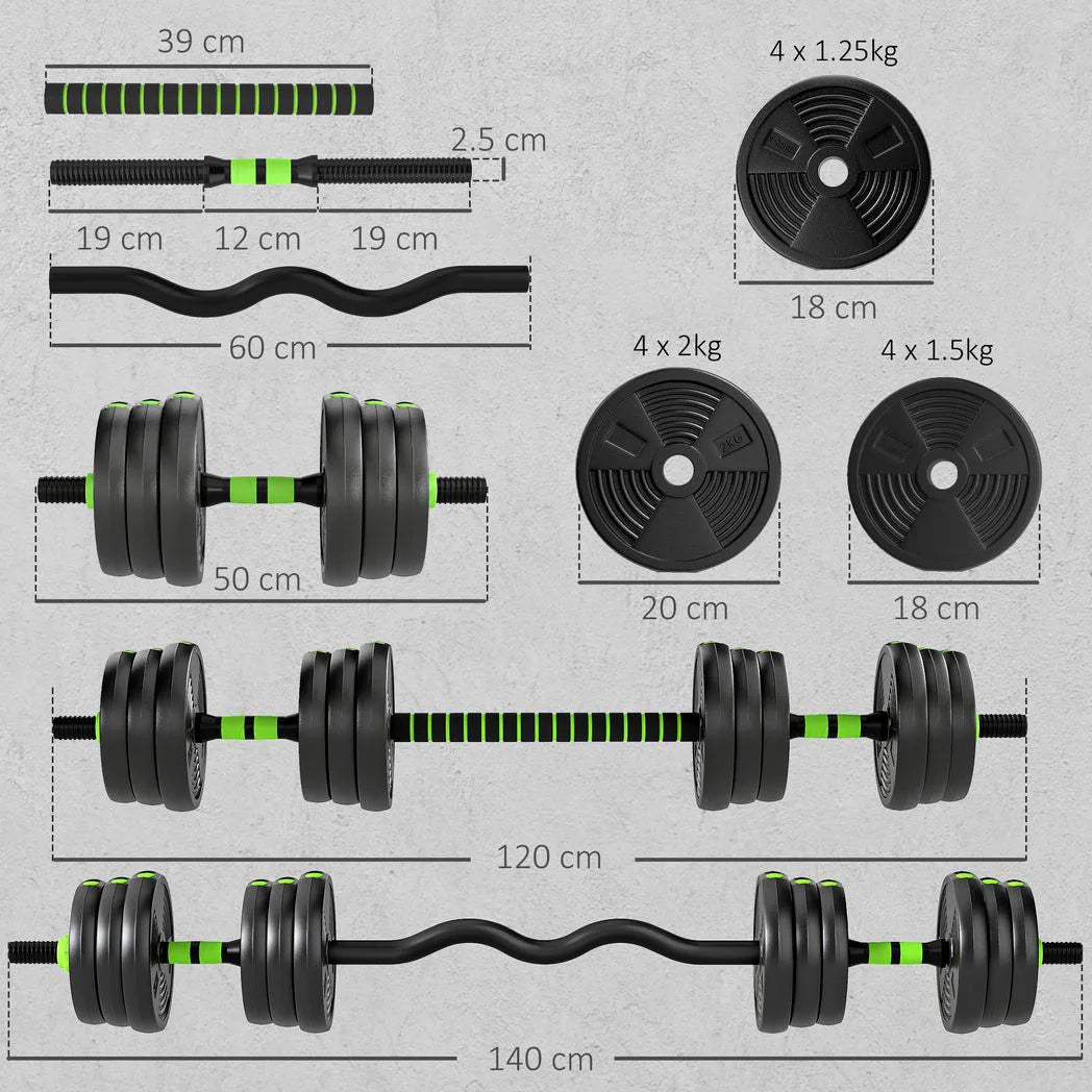 SPORTNOW 20 kg 3-in-1 Adjustable Dumbbell & Barbell Set with EZ Bar, Connecting Rod and Non-Slip Grip for Home Gym, Green