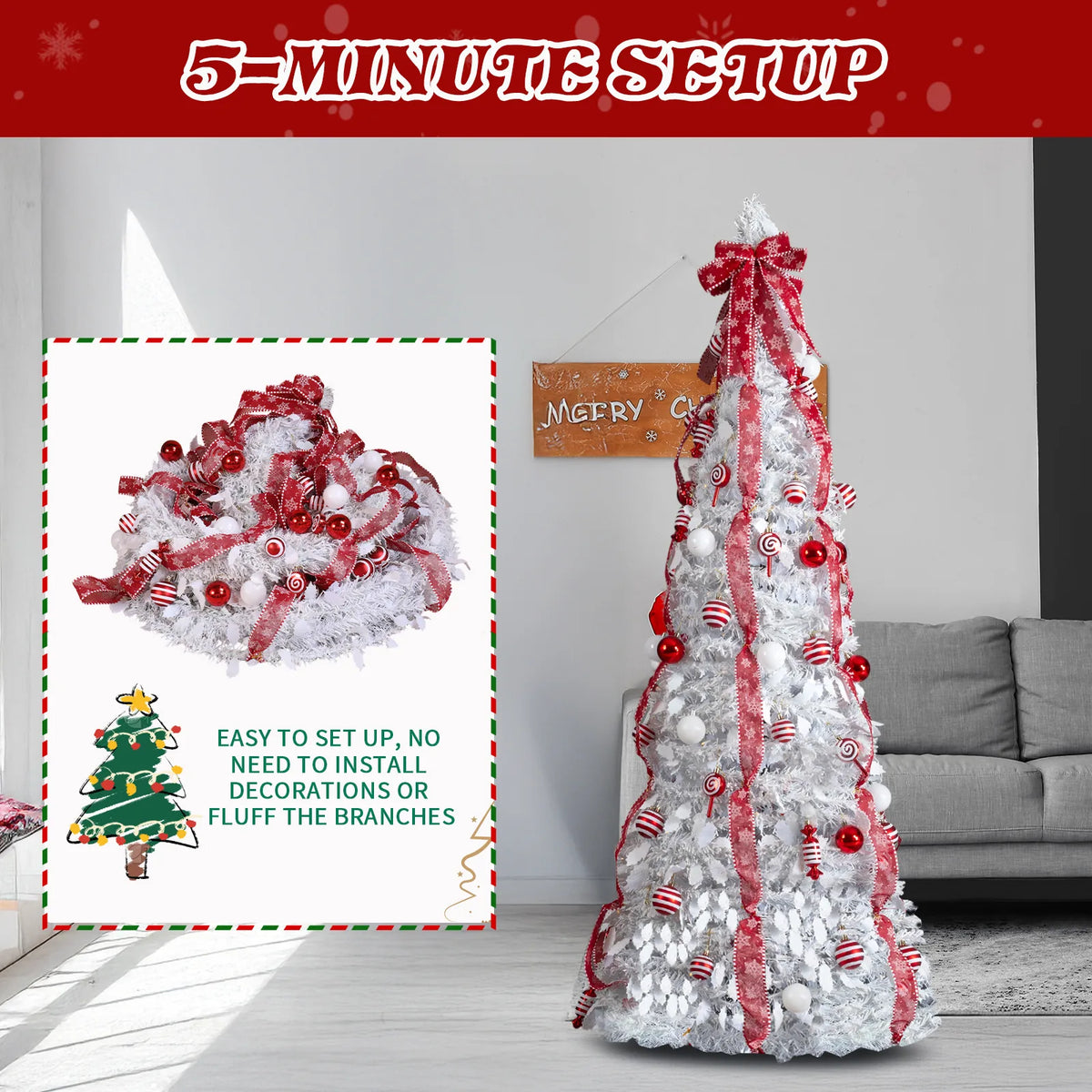 6 FT Fully Decorated Pre-lit Christmas Tree, Pop Up Artificial Xmas Tree with 100 Warm Lights and Red Ornaments for Home Office Store Holiday Deco, White