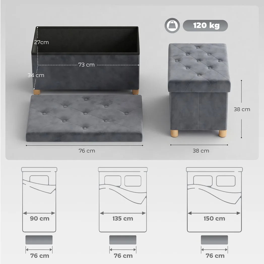 HOMCOM Velvet Upholstered Foldable Ottoman Footrest, Storage Ottoman Bench with Wood Legs for Living Room, Grey