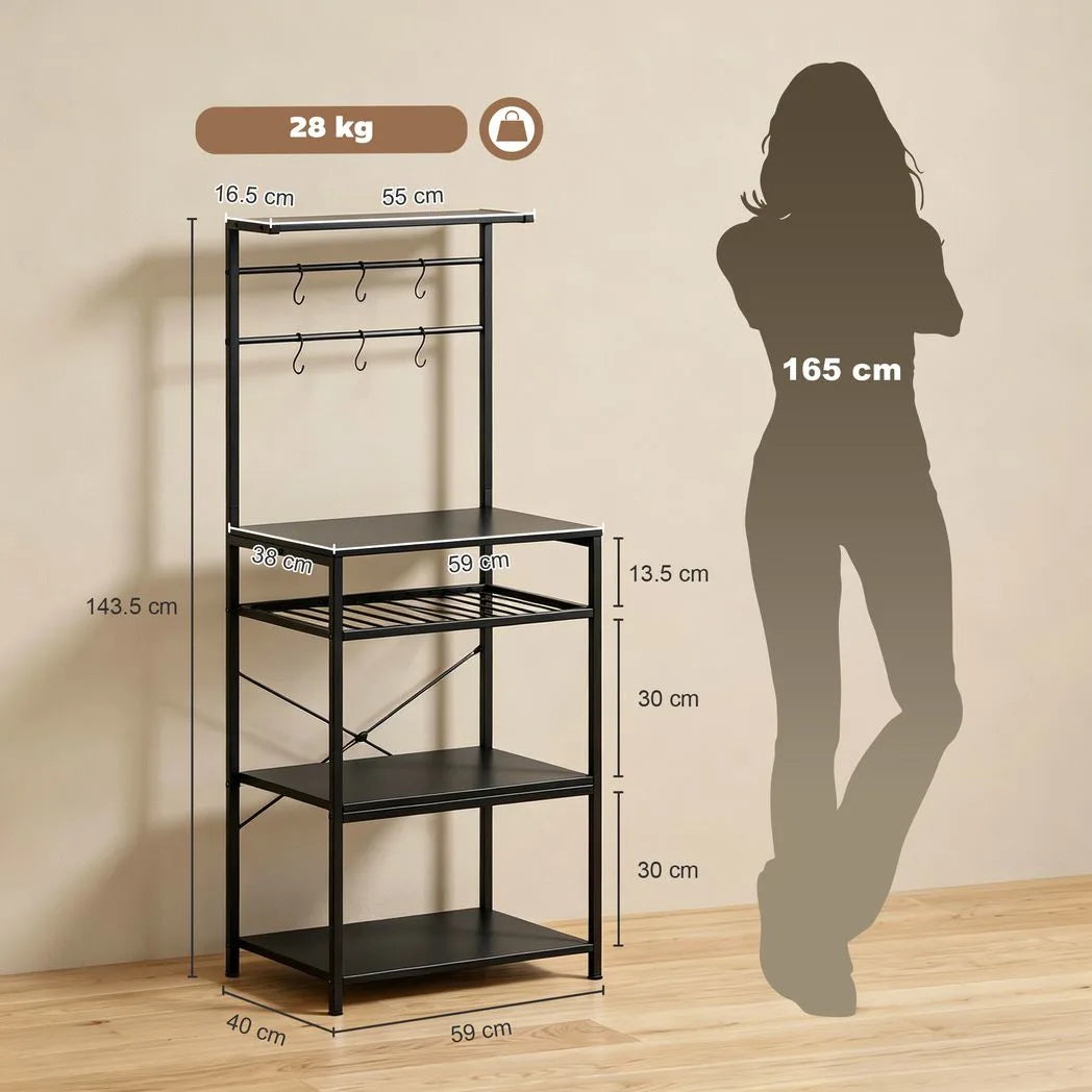 HOMCOM Freestanding Shelving Unit, Industrial Storage Shelf with 6 Hooks and Wine Rack for Living Room, Home Office, Black