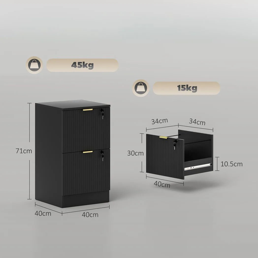 HOMCOM Filing Cabinet, Fluted Vertical File Cabinet with 2 Lockable Drawers and Hanging Rails, Black