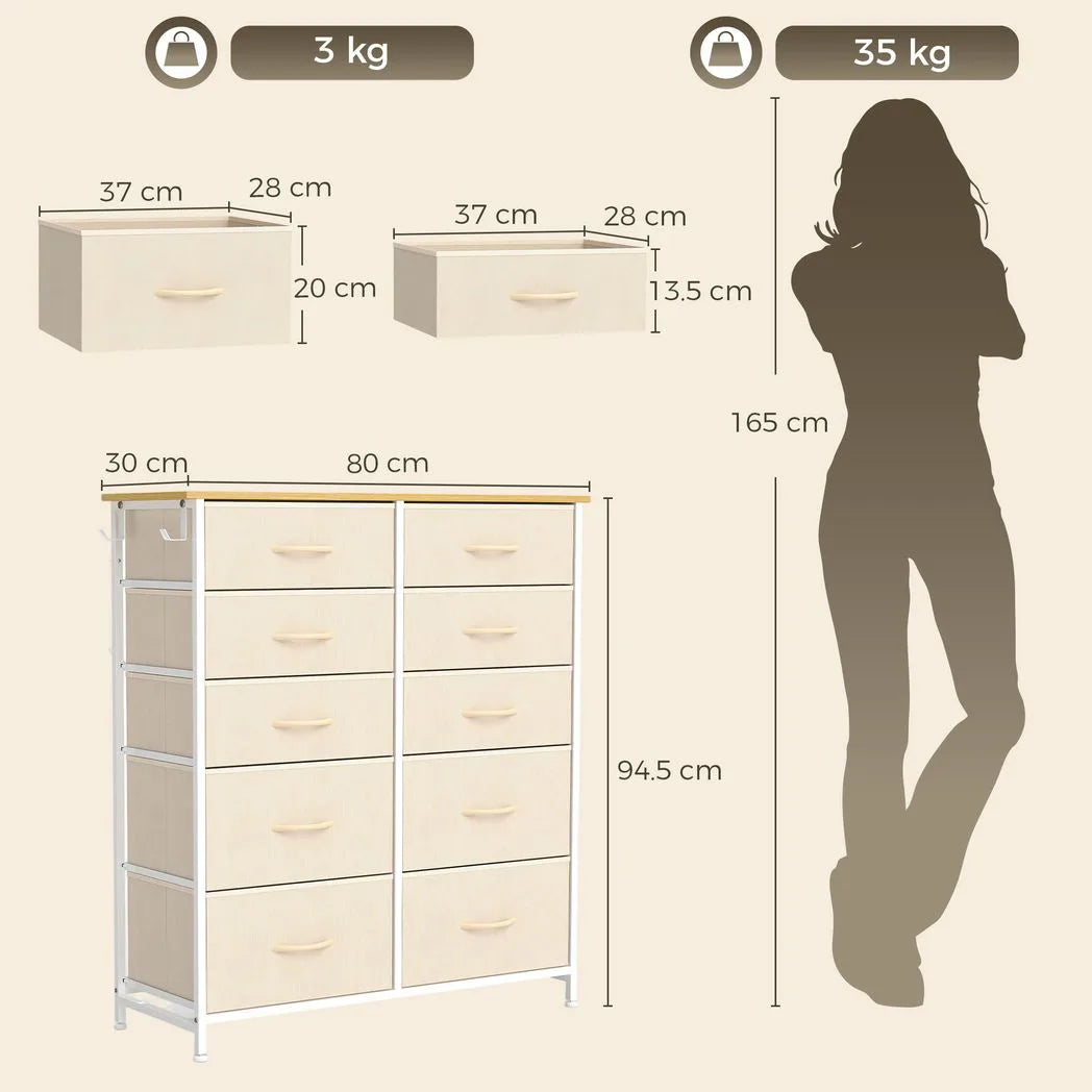 HOMCOM Chest of Drawers, Dresser with 10 Fabric Drawers, Tall Storage Unit with 4 Pockets and 2 Hooks Steel Frame, Beige
