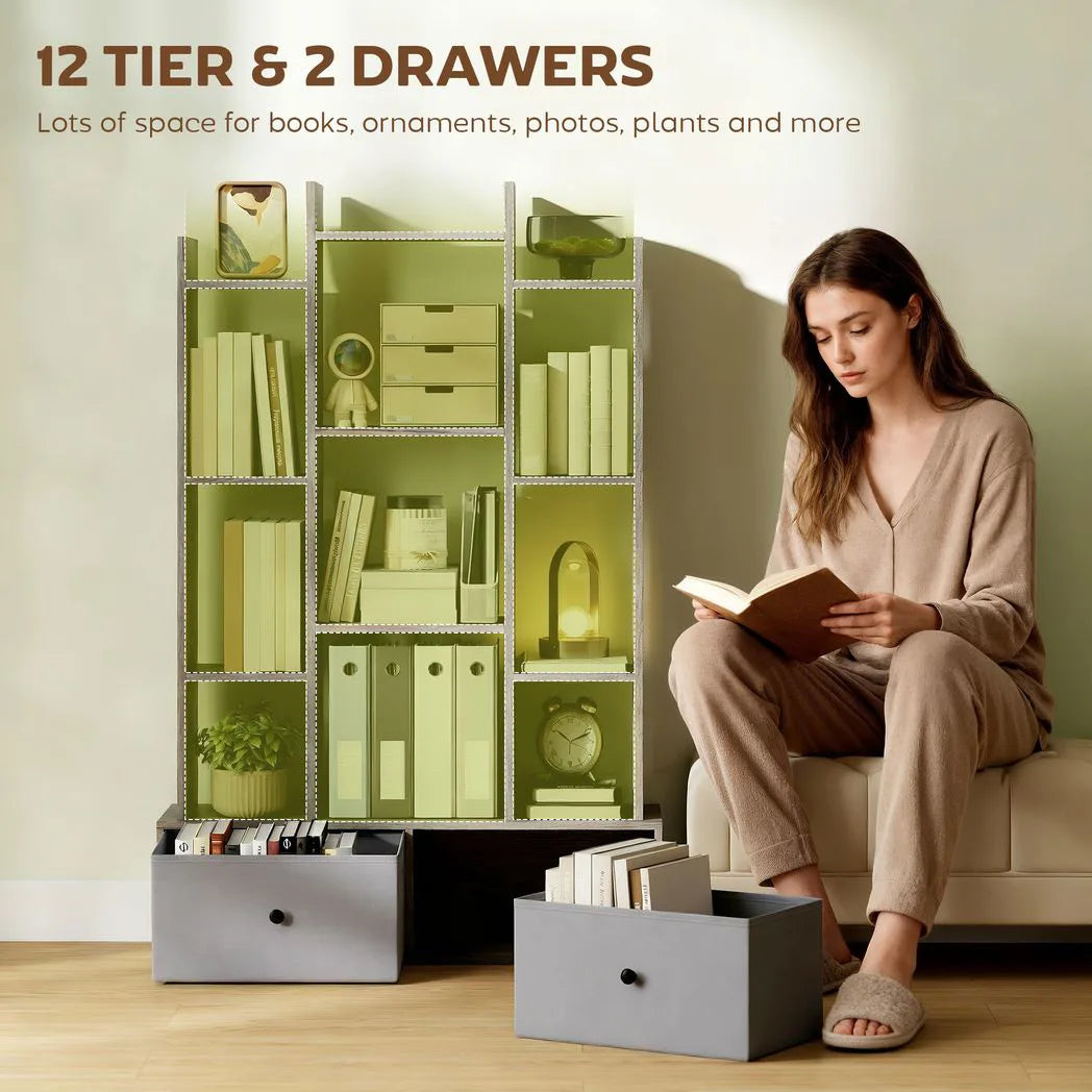 HOMCOM 12 Shelf Storage Unit, with Drawers - Graphite Wood Effect