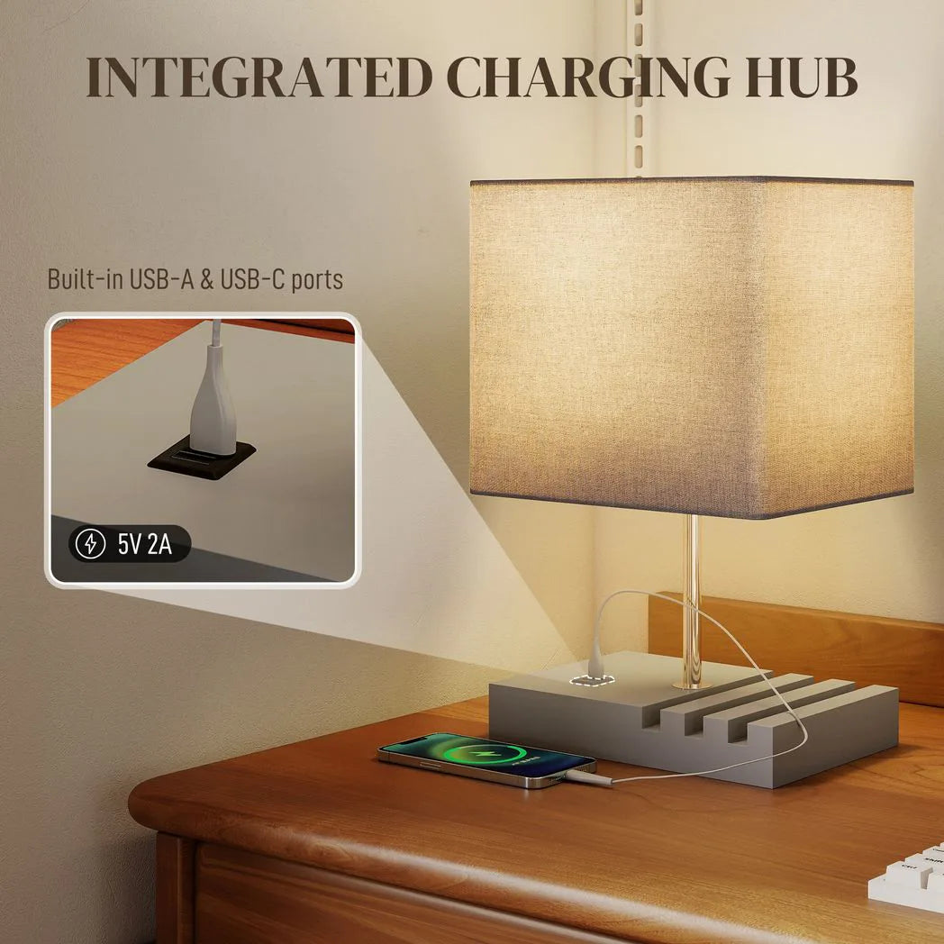 HOMCOM Bedside Lamp with USB A Charging Ports and 3 Phone Stands, Modern Table Lamp with Solid Wood Base and Fabric Shade for Bedroom Living Room Office, E27 Socket, Bulb Not Included, Grey