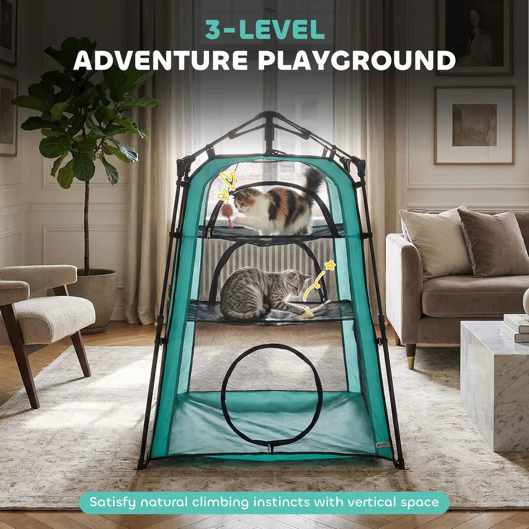 PawHut Cat Tent, 3-Tier Portable Pet Tent for Indoor Outdoor, Cat House with Multi-Door, Carry Bag, Breathable Mesh