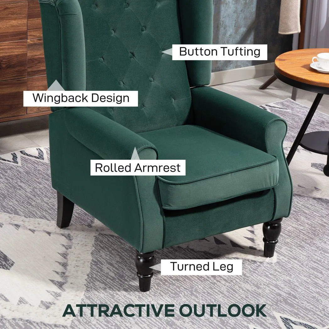 HOMCOM Wingback Accent Chair, Retro Upholstered Button Tufted Occasional Chair for Living Room and Bedroom, Green