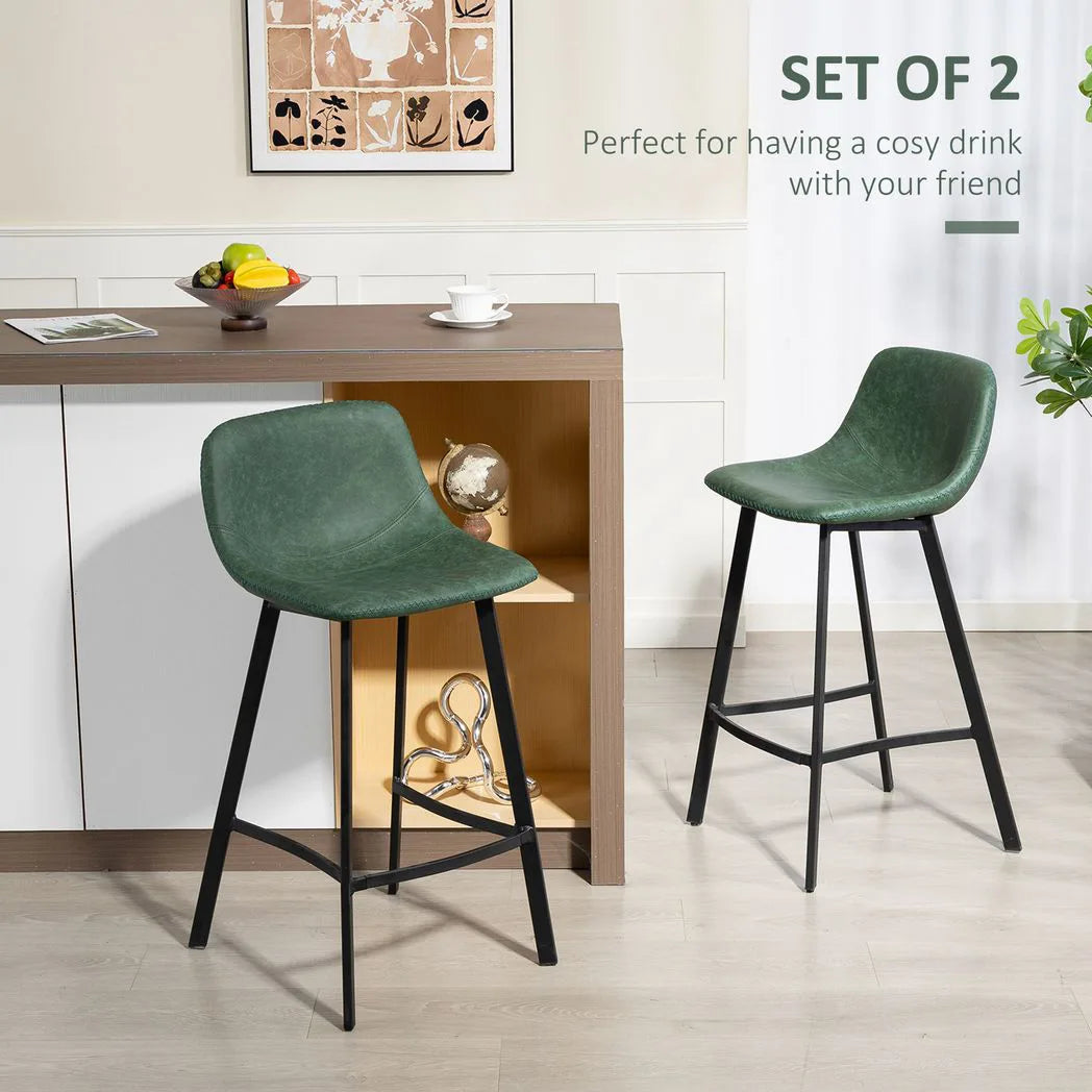 HOMCOM Bar Stools Set of 2, PU Leather Dining Stools with Backrest, Footrest, for Kitchen, Counter, Breakfast Bar, Green