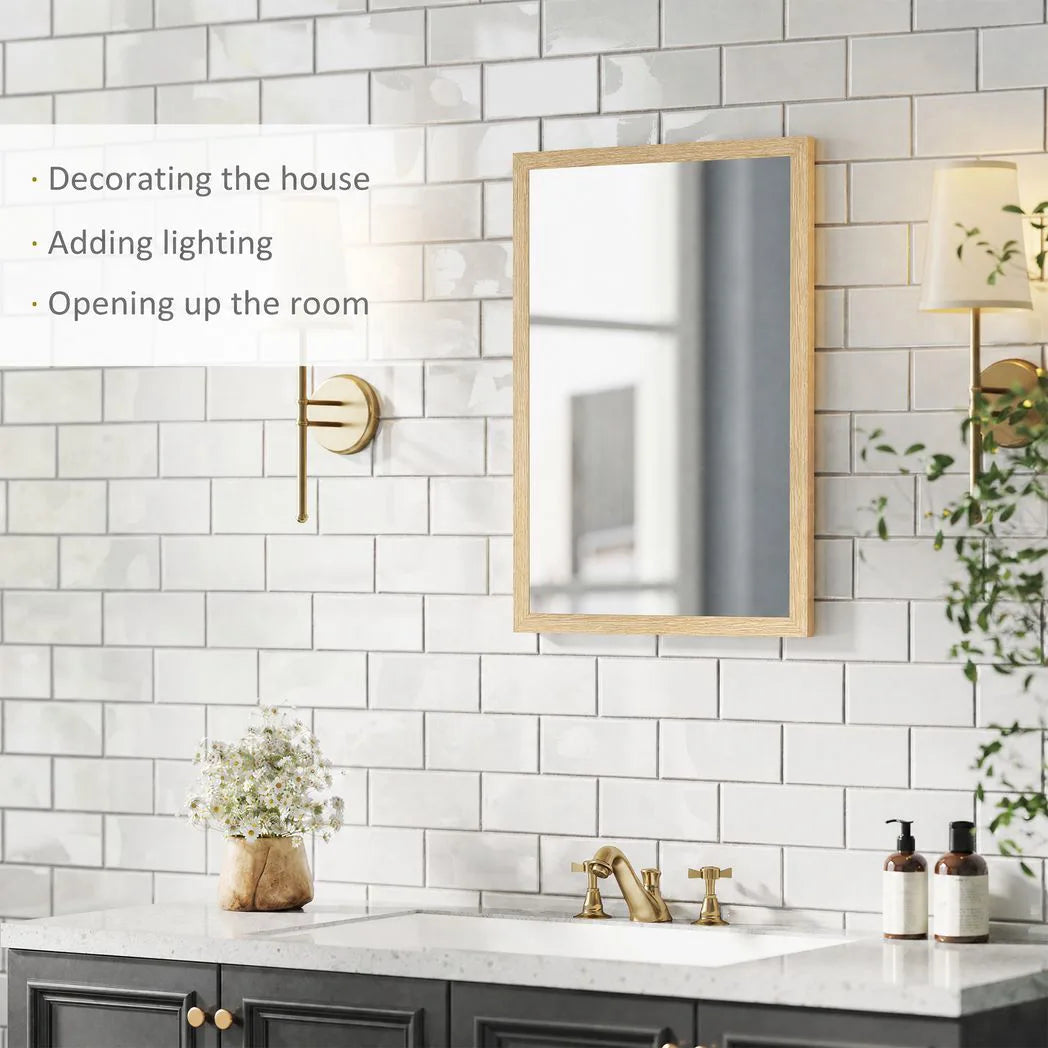 HOMCOM Wall Bathroom Mirror, 70 x 50 cm Wall-Mounted Mirror for Living Room, Bedroom, Hallway, Natural Wood